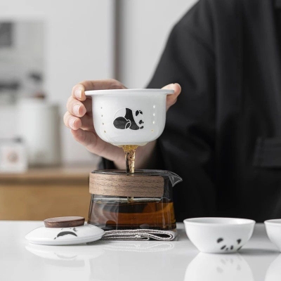 熊猫玻璃旅行茶具 户外便携式随身一壶三杯快客陶瓷快客杯