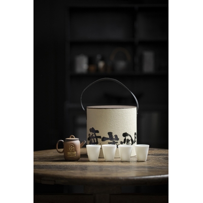 独立设计师联名款柴烧粗陶茶壶套组四杯羊脂玉观自在茶具套装